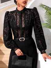 Contrast Lace Lantern Sleeve Mock Neck Top Without Bra